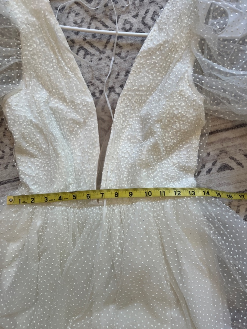 White Puff Sleeve Mini Dress with Swiss Dot Texture - Picture 4 of 8